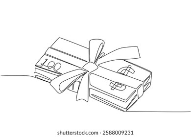 Continuous one line drawing stack of dollar bills tied with ribbon. More aesthetic. More enjoyable for the recipient. Donate a Wages of Day To Charity Day. Single line draw design vector illustration