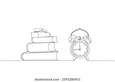 Continuous one line drawing of a stack of books and an alarm clock. A concept for education, time management, and study motivation. Ideal for academic and productivity themes. Editable stroke