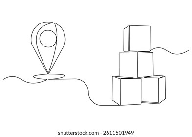 Continuous one line drawing Stack of cardboard box with location pin. Single line drawing illustration Stack of carton box. Online delivery concept vector art. Doodle line illustration.