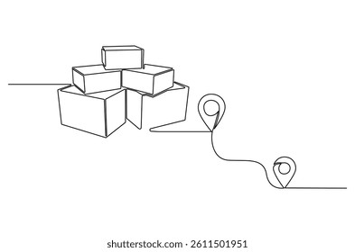 Continuous one line drawing Stack of cardboard box with location pin. Single line drawing illustration Stack of carton box. Online delivery concept vector art. Doodle line illustration.