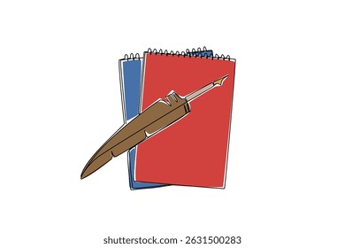 Continuous one line drawing stack of 2 notebooks and quill on top. Two diaries. Summarizing the daily journey of life. Vintage style. National Notebook Day. Single line draw design vector illustration - Powered by Shutterstock - Get 15% off with code: PIKWIZARD15