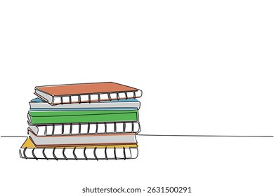 Continuous one line drawing stack of notebooks with ring binding. One notebook for one subject. Preparation for studying on Monday. National Notebook Day. Single line draw design vector illustration