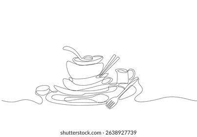 Continuous one line drawing of a stack of dirty dishes, bowls, cups, and utensils after a meal. Minimalist kitchenware illustration. Vector illustration, Editable stroke