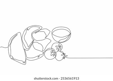 Continuous one line drawing stacked empanadas empanadas split in half. It tastes better when eaten with tomatoes and sauce. Yummy. National Empanada Day. Single line draw design vector illustration