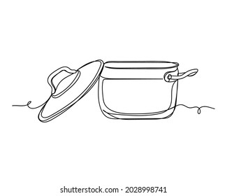 Dibujo continuo de una línea de un icono de sartén inoxidable en silueta sobre un fondo blanco. Linear estilizado.