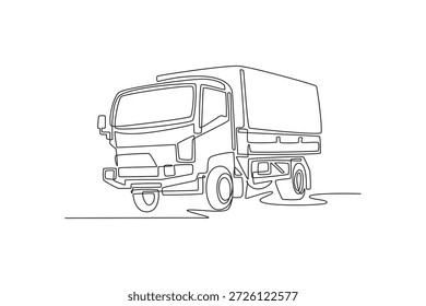 Camión logístico militar estándar de dibujo continuo de una línea. Cama de carga cubierta, cabina alta, chasis robusto para transportar suministros y equipos. Ilustración gráfica de Vector de diseño de línea única