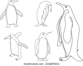 Continuous one line drawing of standing penguin isolated on white background. Cute animal pose in ice. Hand drawn minimalism style. Penguins family. Wildlife animal concept. Vector illustration