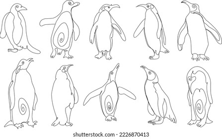 Kontinuierliche Zeichnung einer Linie von stehendem Pinguin einzeln auf weißem Hintergrund. Geruchige Tiere posieren im Eis. Handgezeichneter Minimalismus-Stil. Pinguine Familie. Konzept von Wildtieren. Vektorgrafik