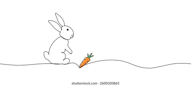 Continuous one line drawing of standing rabbit with carrot. Easter Bunny. Vector Illustration.