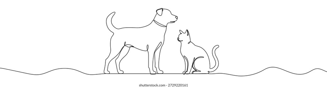 Continuous one line drawing of a standing dog and a sitting cat together. Drawing of domestic pets with editable black stroke on white background. Vector illustration.
