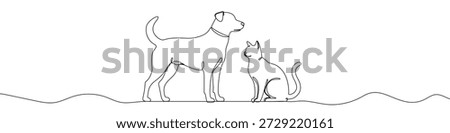 Continuous one line drawing of a standing dog and a sitting cat together. Drawing of domestic pets with editable black stroke on white background. Vector illustration.