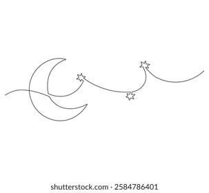 Continuous one line drawing of Star and Crescent moon. Single line drawing illustration of Islamic symbol. Ramadan kareem concept vector art. Doodle line illustration.

