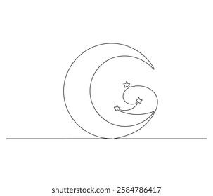 Continuous one line drawing of Star and Crescent moon. Single line drawing illustration of Islamic symbol. Ramadan kareem concept vector art. Doodle line illustration.

