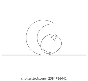 Continuous one line drawing of Star and Crescent moon. Single line drawing illustration of Islamic symbol. Ramadan kareem concept vector art. Doodle line illustration.

