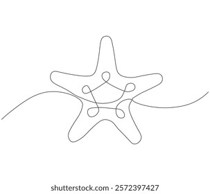 Continuous one line drawing of starfish. Starfish symbol of resilience and hope. Single line drawing illustration of starfish. Concept vector art. Doodle line illustration.
