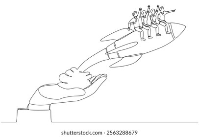 Continuous one line drawing of startup team riding rocket together from hand of businessman, providing funding support to startup business concept, single line art