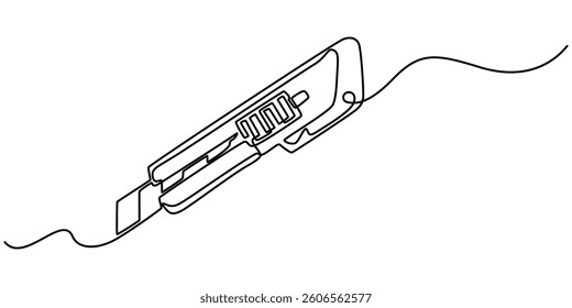 continuous one line drawing of a stationery knife, Utility knife, blade, sharp, Stationery knife one line art. Continuous line drawing of repair, professional, hand, people, concept, support, minimal.