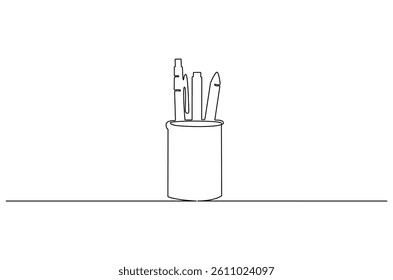 Continuous one line drawing of Stationery container with pencil and pens. Single line drawing illustration of Pencil holder. School equipment concept vector art. Doodle line illustration.