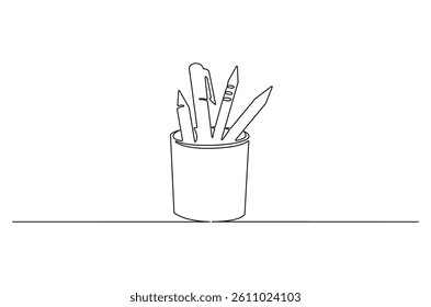 Continuous one line drawing of Stationery container with pencil and pens. Single line drawing illustration of Pencil holder. School equipment concept vector art. Doodle line illustration.