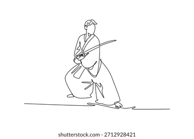 Una línea continua dibujando samuráis estables con túnicas tradicionales que sostienen la katana horizontalmente a través del cuerpo para un movimiento defensivo o de corte rápido. Ilustración gráfica de Vector de diseño de línea única
