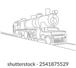 Continuous one line drawing of steam train. One line drawing illustration of old locomotive vehicle. Smoke transportation, historical vehicle concept line art. Editable outline