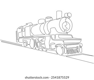 Desenho contínuo de uma linha de trem a vapor. Ilustração de desenho de uma linha do veículo de locomotiva antigo. Transporte de fumaça, histórico conceito de veículo arte de linha.