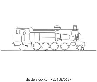 Continuous one line drawing of steam train. One line drawing illustration of old locomotive vehicle. Smoke transportation, historical vehicle concept line art. Editable outline