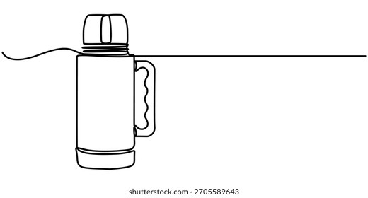 continuous one line drawing steel flask, Thermal flask with lid open, one continuous line outline isolated vector illustration Editable stroke. 