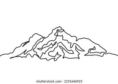 Continuous One Line Drawing Of Steep Rocky Mountain. Vector Illustration Of Rugged Rocky Mountain Hard To Reach For Icon, Symbol, Logo, Emblem. Simple Line Linear Vector For Adventure And Camping.