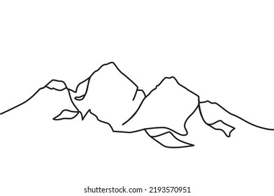 Dibujo continuo de una línea de empinadas cumbres rocosas. Ilustración vectorial de la montaña rocosa como símbolo de la naturaleza, logotipo de aventura, icono de camper. Una línea de imágenes de fondo de pantalla de montaña para imprimir.