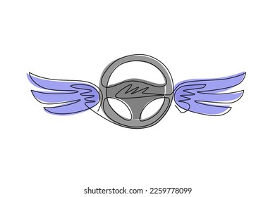 Volante de dirección continuo de una línea con alas. Logo o símbolo de la escuela de conducción. Diseñar un elemento plano para emblema, pegatina, placa, etiqueta, icono. ilustración vectorial de diseño de línea única