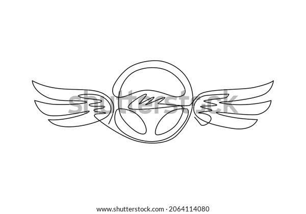 Continuous one line drawing steering wheel\
with wings. Driving school logo or symbol. Design flat element for\
emblem, sticker, badge, label, icon. Single line draw design vector\
graphic\
illustration
