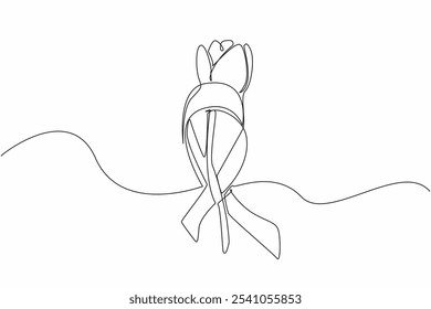 Continuous one line drawing stemmed red tulips were placed in the middle of gray campaign ribbons. Symbol of concern and sensitivity towards sufferers. Single line draw design vector illustration