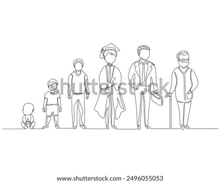 Continuous one line drawing of step of growing up man. One line drawing illustration of human life cycle. Aging Process, Growth, Toddler, concept line art. Editable outline