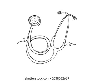 Continuous one line drawing of stethoscope icon in silhouette on a white background. Linear stylized.
