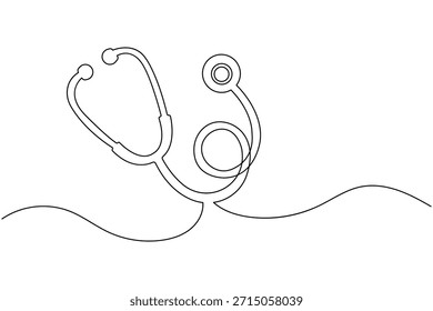 Continuous one line drawing of a stethoscope with a medical cross symbol on white background