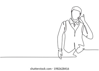 Continuous one line drawing steward with call me gesture ready to serve airplane passengers in a friendly and warm manner. Professional person. Single line draw design vector graphic illustration