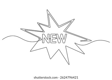 Desenho contínuo de uma linha de adesivos para um novo produto. Ilustração de desenho de linha única do ícone Novo. Novo conceito de produto arte vetorial. Ilustração de linha de doodle.