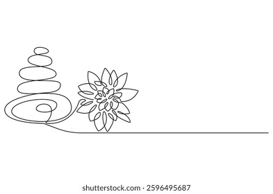 Continuous one line drawing of Stones and Lotus flower. Single line drawing illustration of Lotus flower and Stone. Wellness and spa treatment concept vector art. Doodle line illustration.