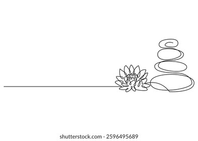 Continuous one line drawing of Stones and Lotus flower. Single line drawing illustration of Lotus flower and Stone. Wellness and spa treatment concept vector art. Doodle line illustration.