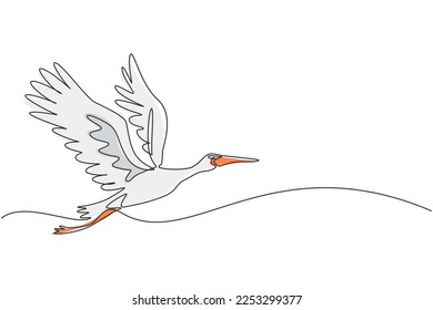 Continuous one line drawing storks flying in sky. Bird as symbol for baby shower, delivery, news, pregnancy. Spring mood concept. Bird life nature. Single line draw design vector graphic illustration