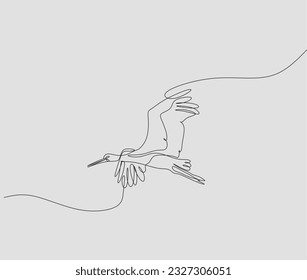 Continuous one line drawing storks flying in sky. Bird as symbol for baby shower, delivery, news, pregnancy. Spring mood concept. Bird life nature. Single line draw design vector graphic illustration