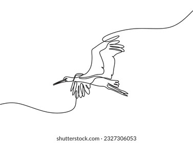Continuous one line drawing storks flying in sky. Bird as symbol for baby shower, delivery, news, pregnancy. Spring mood concept. Bird life nature. Single line draw design vector graphic illustration