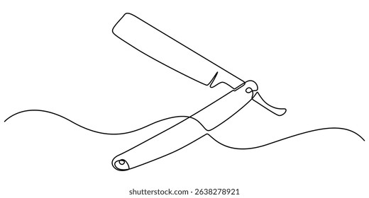 Continuous one line drawing of straight razor. Vintage barber razor isolated on a white background. Barbershop concept. Vector illustration, Straight razor, sharp razor blade one line continuous draw.
