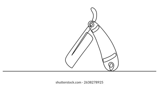 Continuous one line drawing of straight razor. Vintage barber razor isolated on a white background. Barbershop concept. Vector illustration, Straight razor, sharp razor blade one line continuous draw.