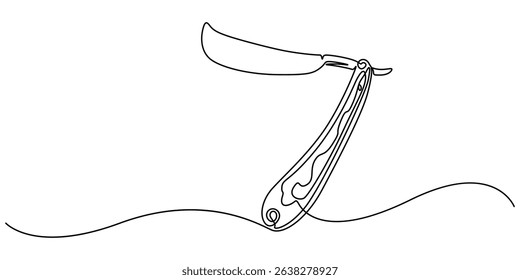 Continuous one line drawing of straight razor. Vintage barber razor isolated on a white background. Barbershop concept. Vector illustration, Straight razor, sharp razor blade one line continuous draw.