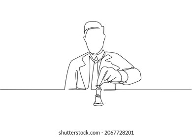 Continuous one line drawing strategy, leadership and management concept. Young smiling businessman sitting and moving chess figure alone feeling confident. Single line draw design vector illustration