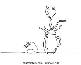 Continuous one line drawing. Strawberry juice splash in glass. Vector illustration