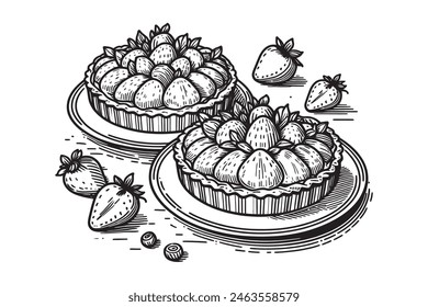 Continuous one line drawing of strawberry pie, cake. vector illustration.