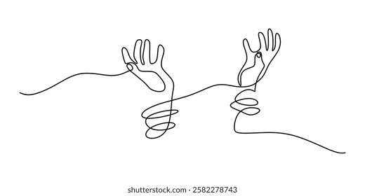 Continuous One line drawing of Strength. Depicting resilience and courage. Two hands with rope. Vector illustration hand drawn.